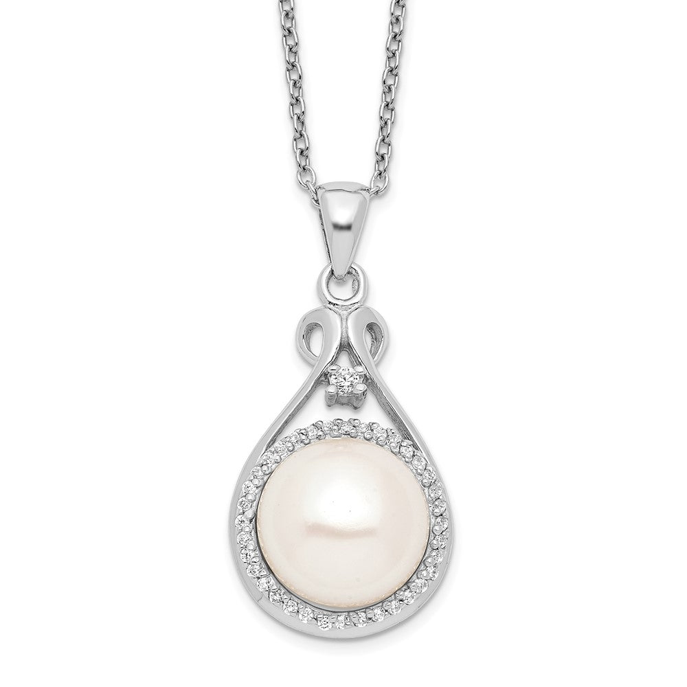Sterling Silver Rhodium-plated 10-11mm White Button Freshwater Cultured Pearl and CZ 17 inch Necklace 17 Inches
