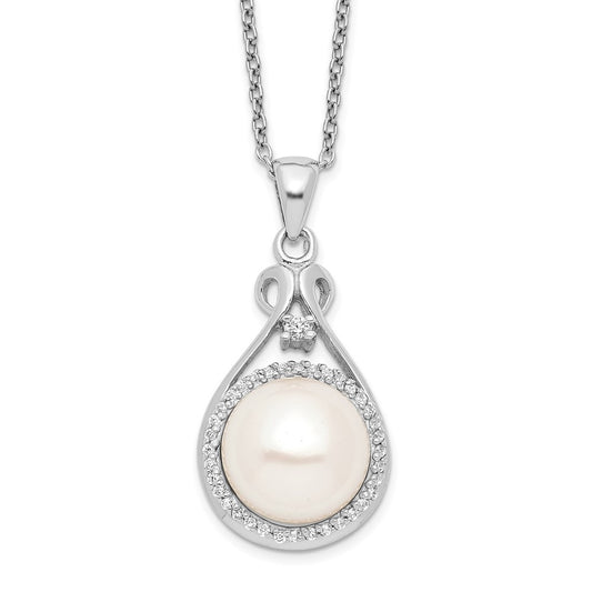 Sterling Silver Rhodium-plated 10-11mm White Button Freshwater Cultured Pearl and CZ 17 inch Necklace 17 Inches