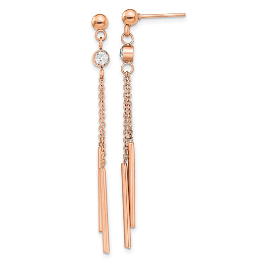 Stainless Steel Polished Rose IP-plated w/Crystal Bar Post Dangle Earrings
