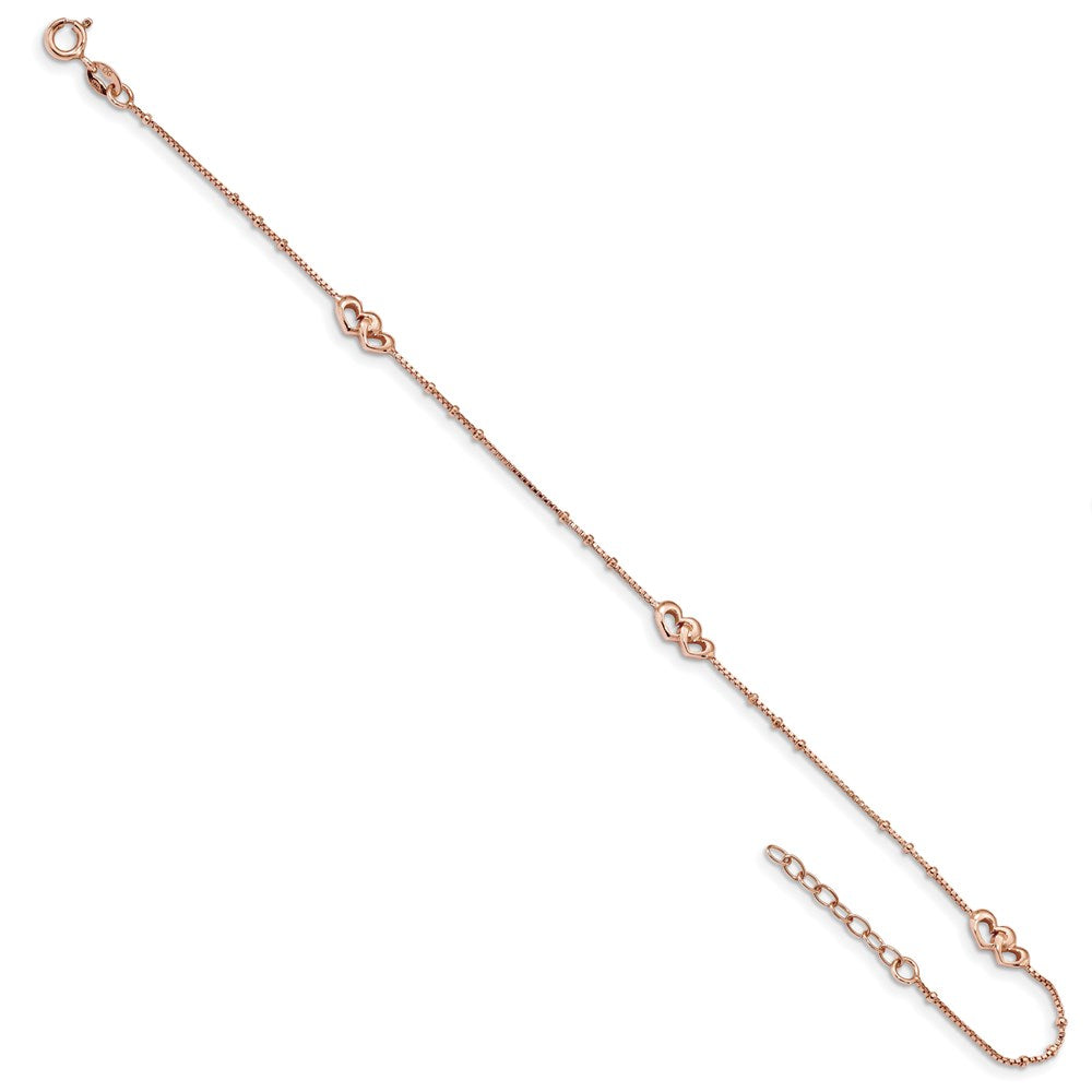 Sterling Silver Rose-tone Polished Hearts 9in Plus 1in Ext Anklet 9 inches