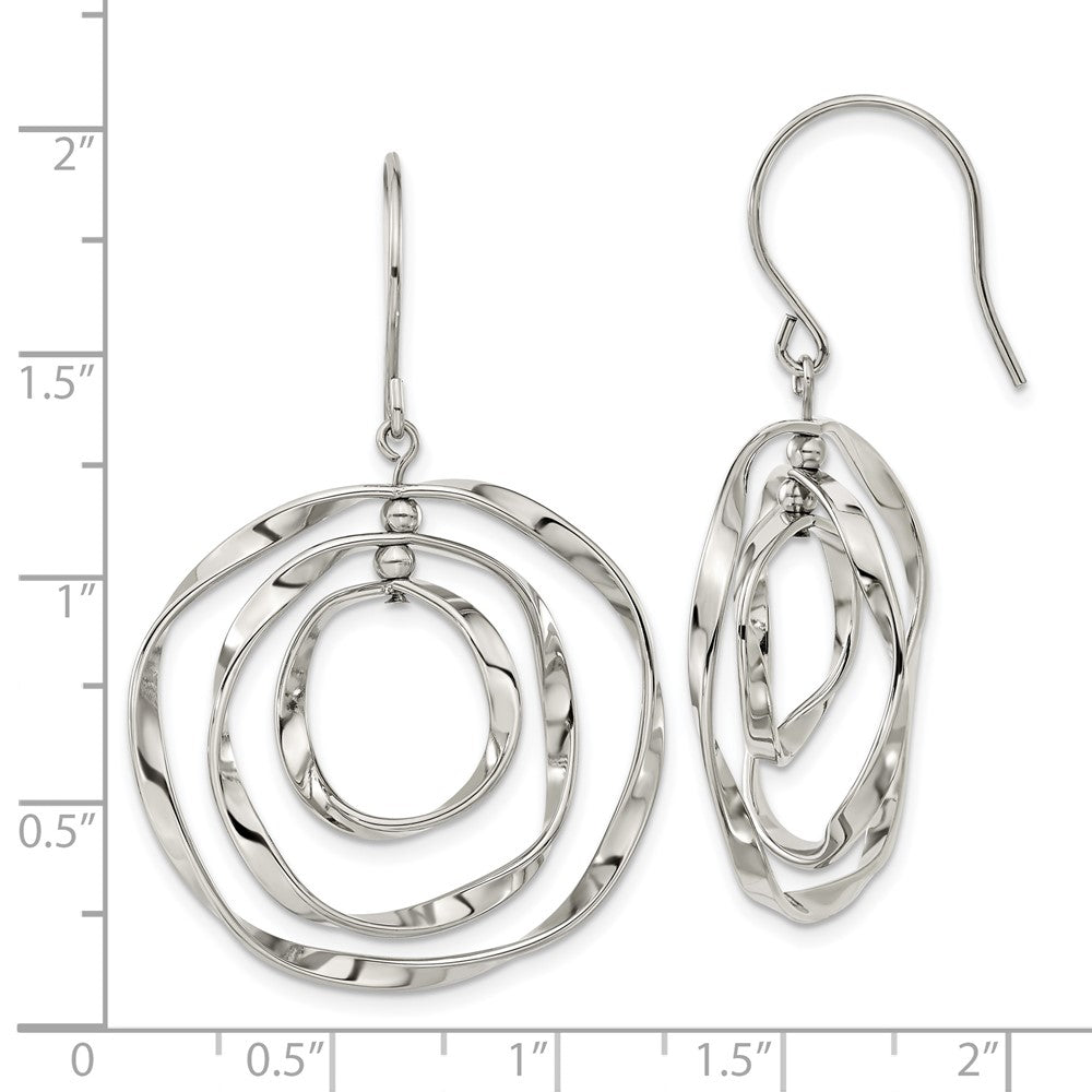 Stainless Steel Polished Wavey Circles Shepherd Hook Dangle Earrings