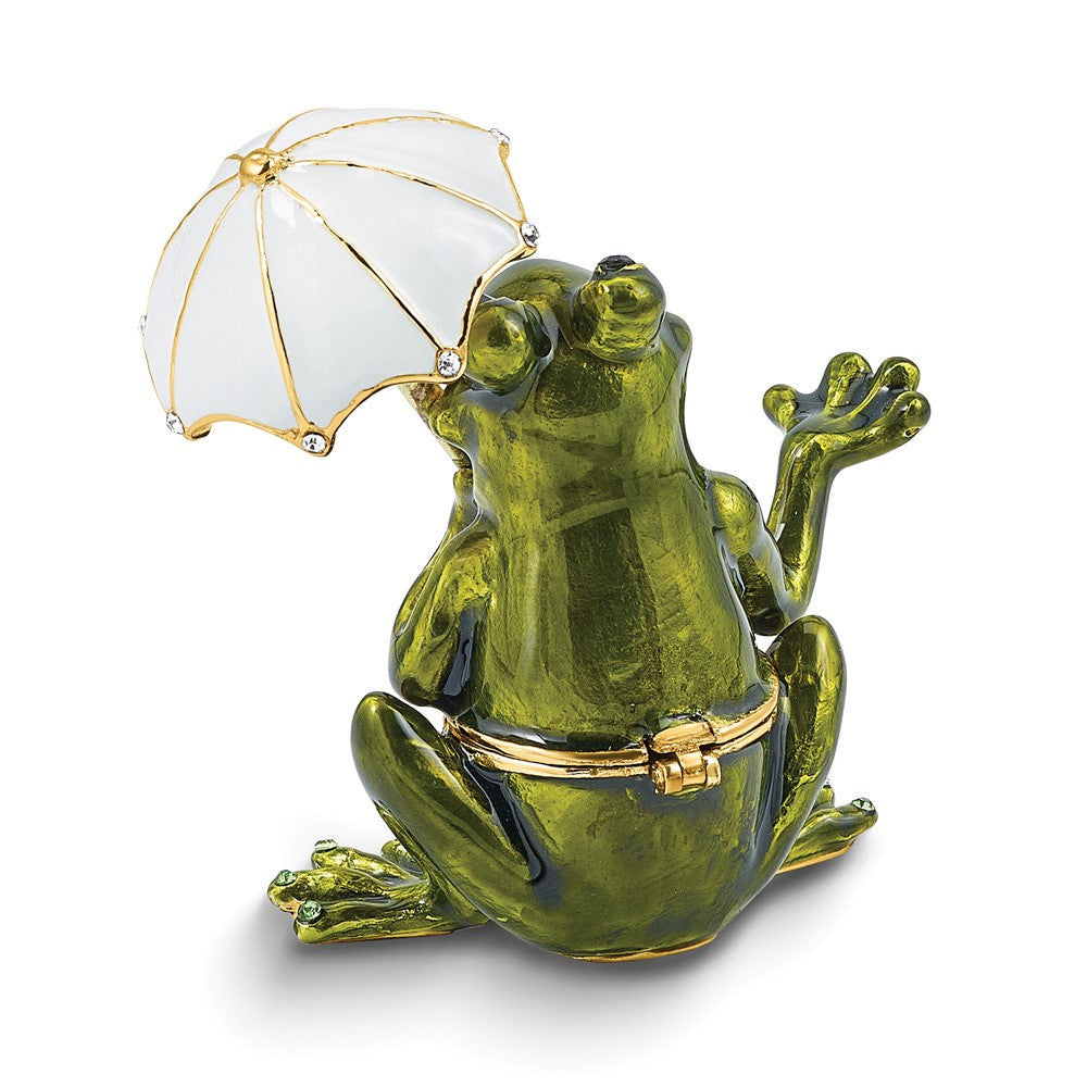 Luxury Giftware by Jere Bejeweled RIBBIT Frog Holding Umbrella Trinket Box with Matching 18 inch Necklace