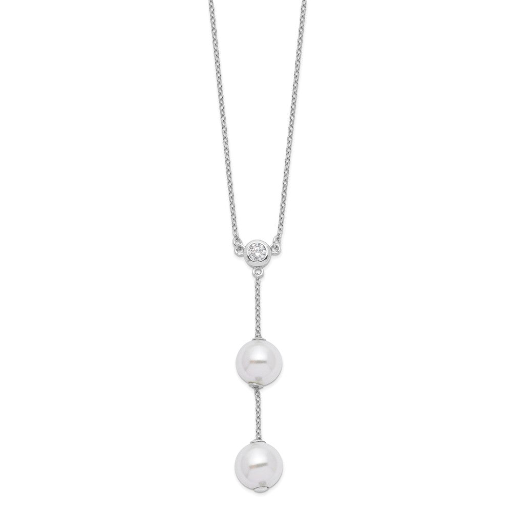 Majestic Sterling Silver Rhodium-plated 10-11mm White Imitation Shell Pearl CZ Y-Drop Spring Ring Clasp 18 inch Necklace 18 Inches