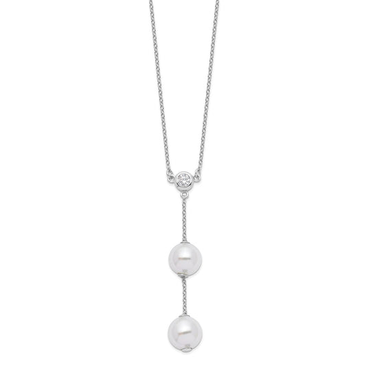 Majestic Sterling Silver Rhodium-plated 10-11mm White Imitation Shell Pearl CZ Y-Drop Spring Ring Clasp 18 inch Necklace 18 Inches