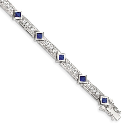 Sterling Silver Rhodium-plated Blue Glass and CZ 7.25 inch Bracelet 7.25 inches