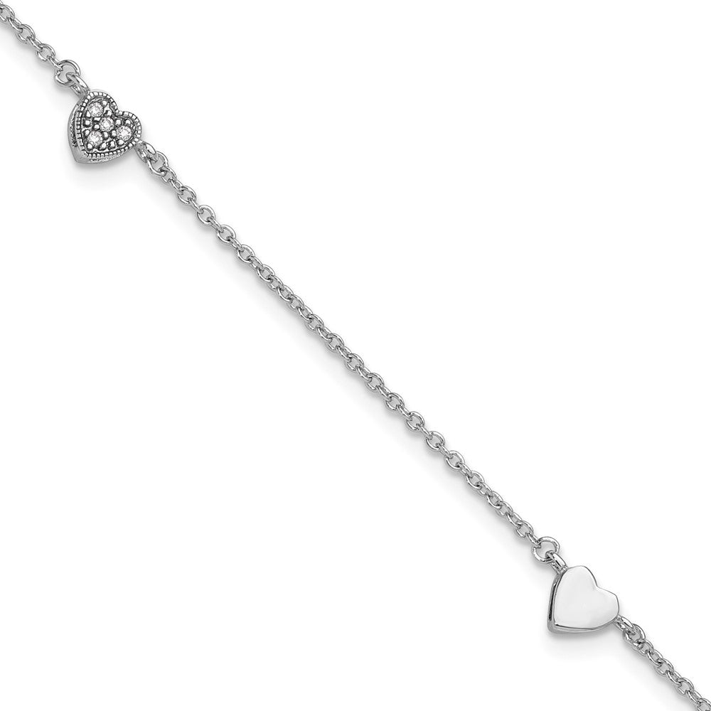 Sterling Silver Rhodium-plated CZ 9in Plus 1in Ext Heart Anklet 9 inches