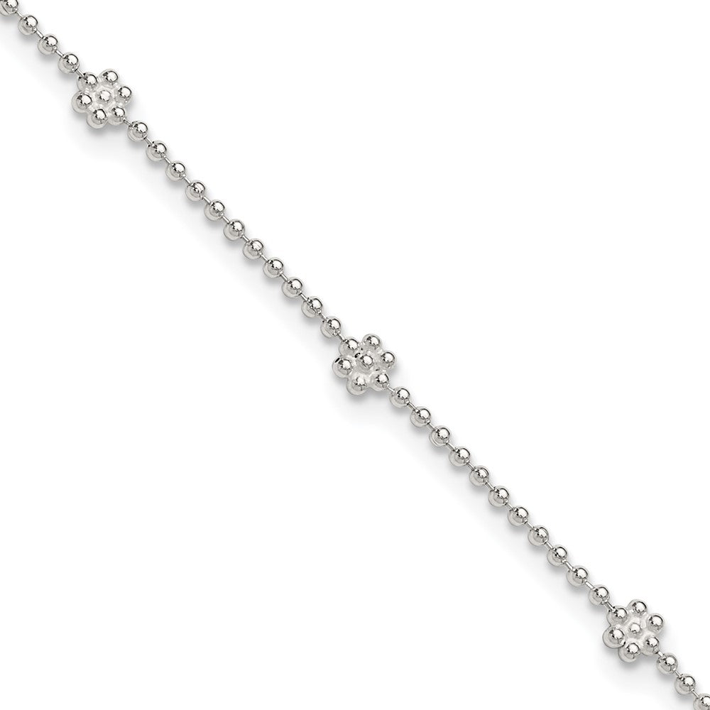 Sterling Silver 9in Plus 1in ext Polished Flower Anklet 10 inches