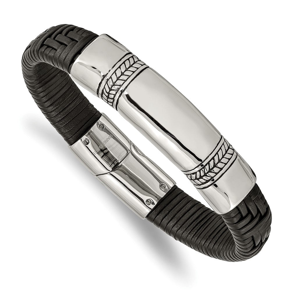 Stainless Steel Antiqued and Polished Black Leather 8.25in ID Bracelet 8.25 inches