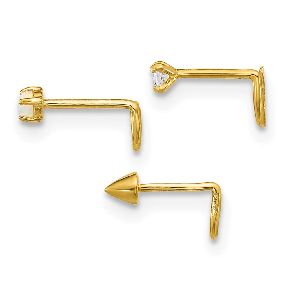 10k Polished 22 Gauge Set of Three CZ, Lab Created Opal and Spike Nose Studs