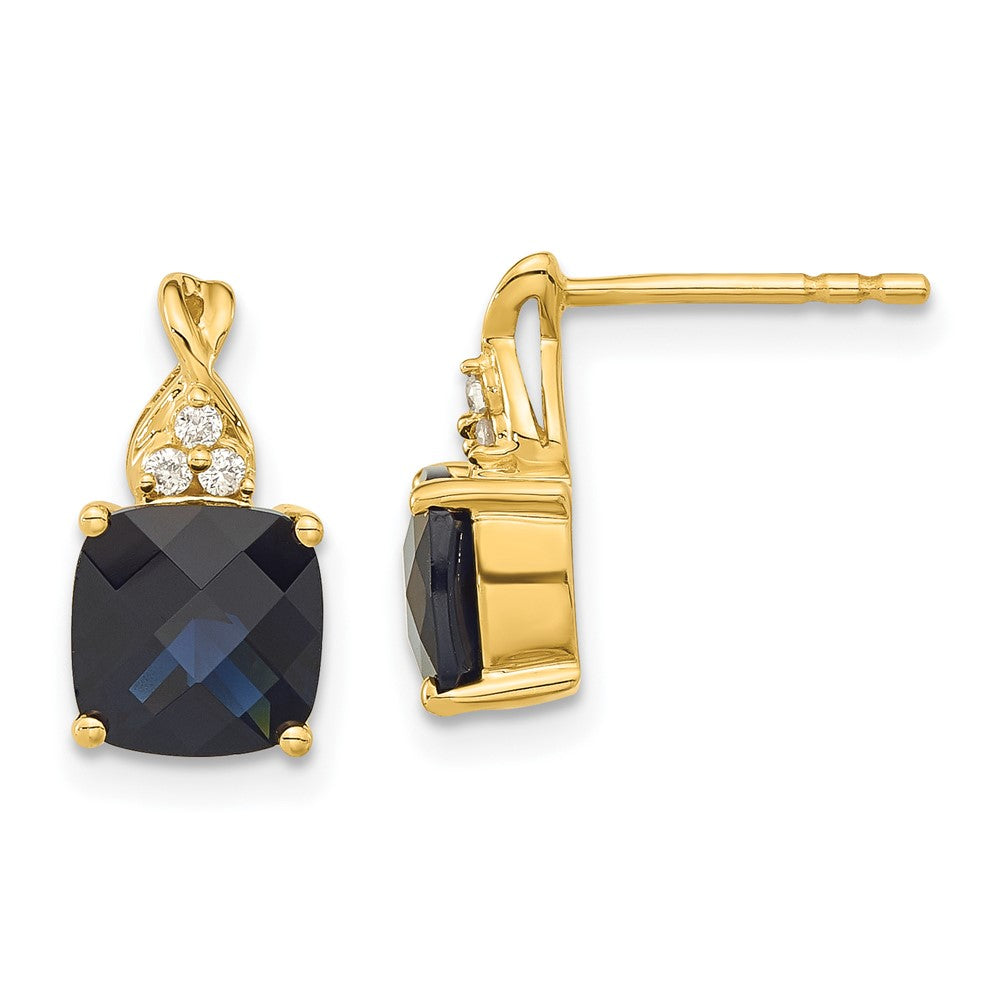 14K Yellow Gold Synthetic Checkerboard Blue Sapphire & Diamond Earrings