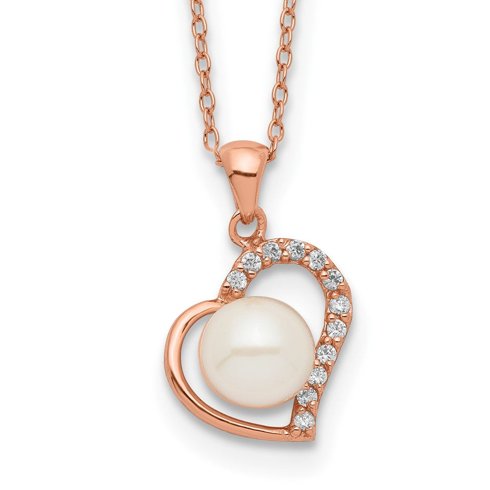 Sterling Silver Rose-tone 18k Flash Gold-plated 7-8mm Button Freshwater Cultured Pearl Heart 17 inch Necklace 17 Inches