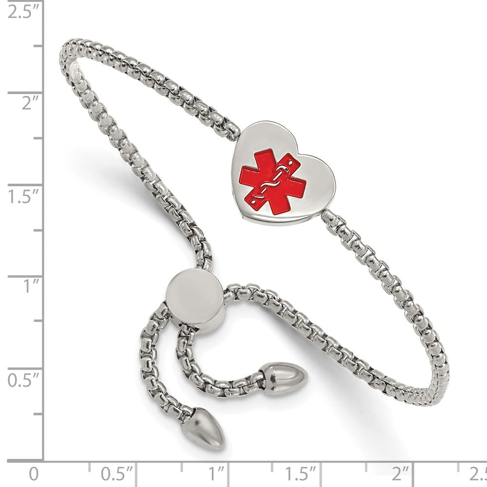 Stainless Steel Polished Red Enamel Heart Medical ID Adjustable Bracelet 8.5 inches
