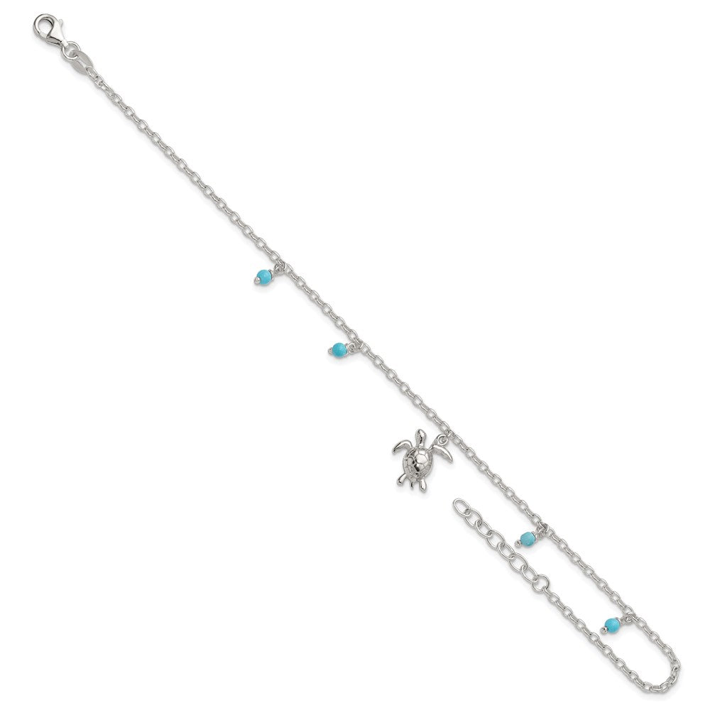 Sterling Silver Polished Turtle with Turquoise Beads 9 inch with 1 inch Extension Anklet