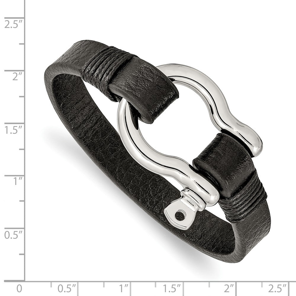 Stainless Steel Polished Black Leather 8.25in Shackle Bracelet 8.25 inches