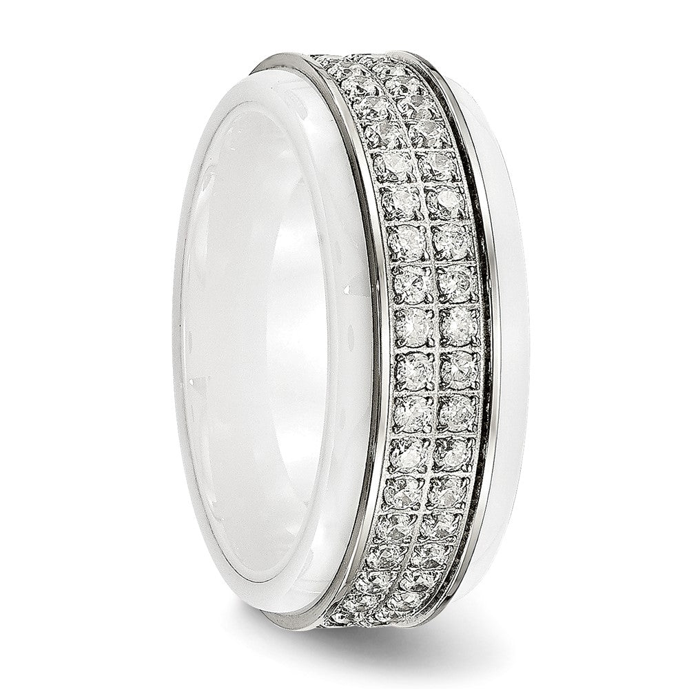 Stainless Steel Polished White Ceramic CZ Ridged edge Ring Size - 7