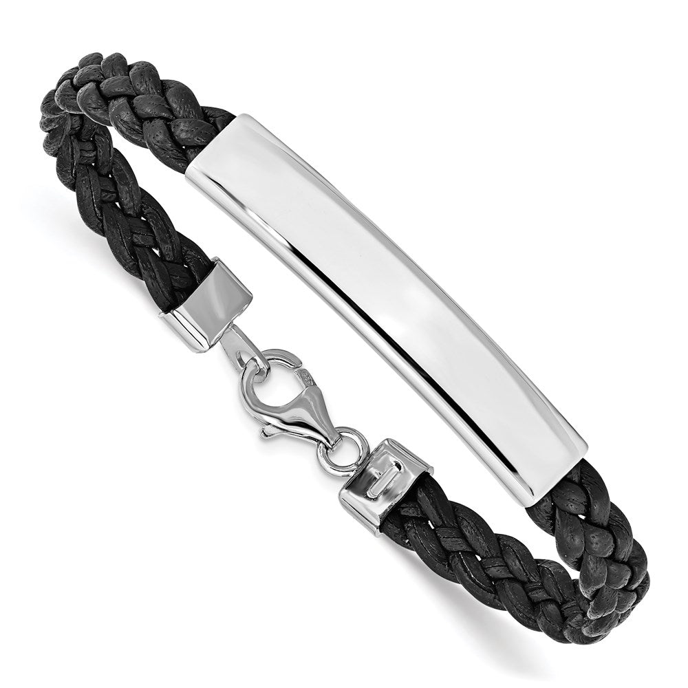Sterling Silver Rhodium-plated Black Braided Leather Bracelet 7 inches