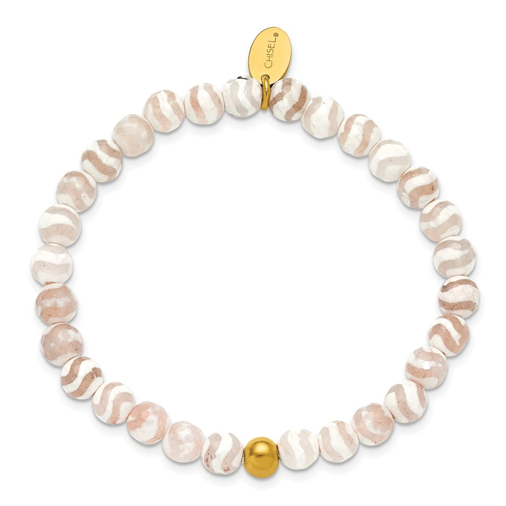 Chisel Stainless Steel Polished Yellow IP-plated 6mm White Line Agate Beaded 6.25 inch Stretch Bracelet 6.25 inches