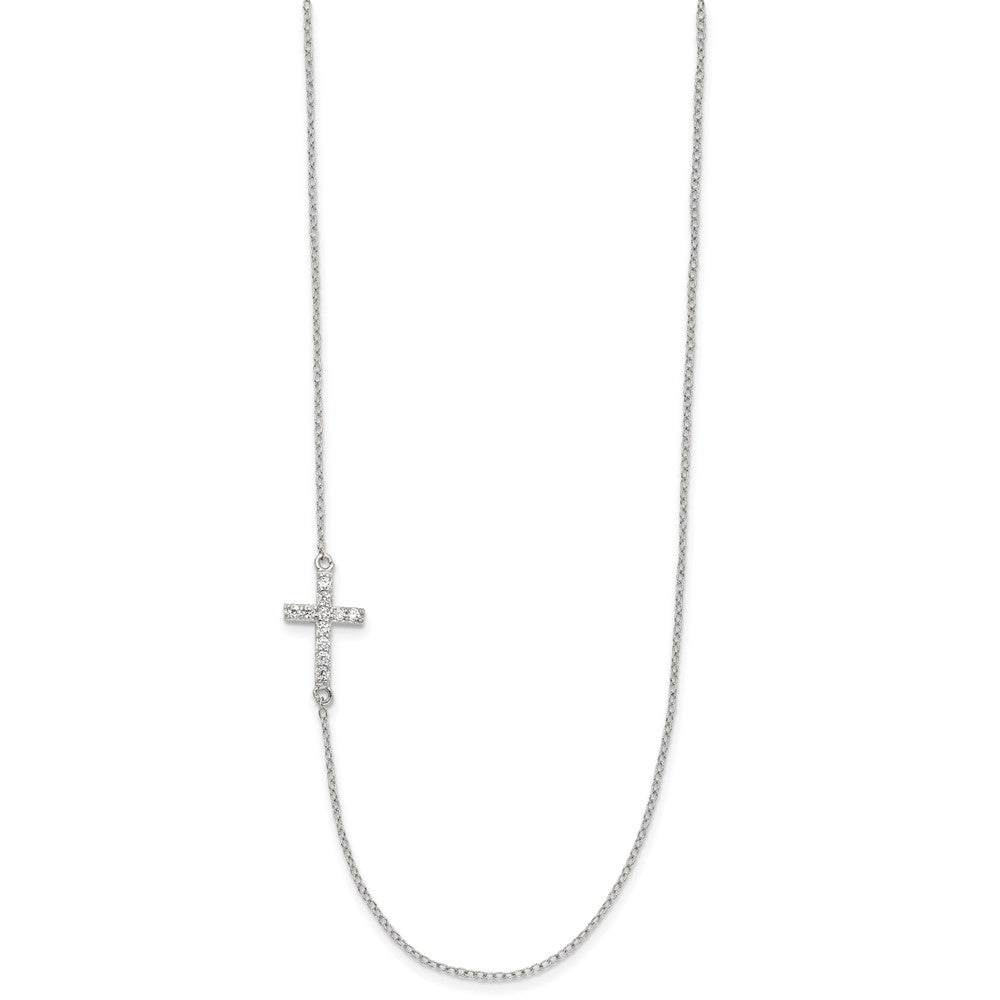 Sterling Silver Rhod-pltd CZ Offset Sideways Cross w/2in Ext Necklace 16 Inches