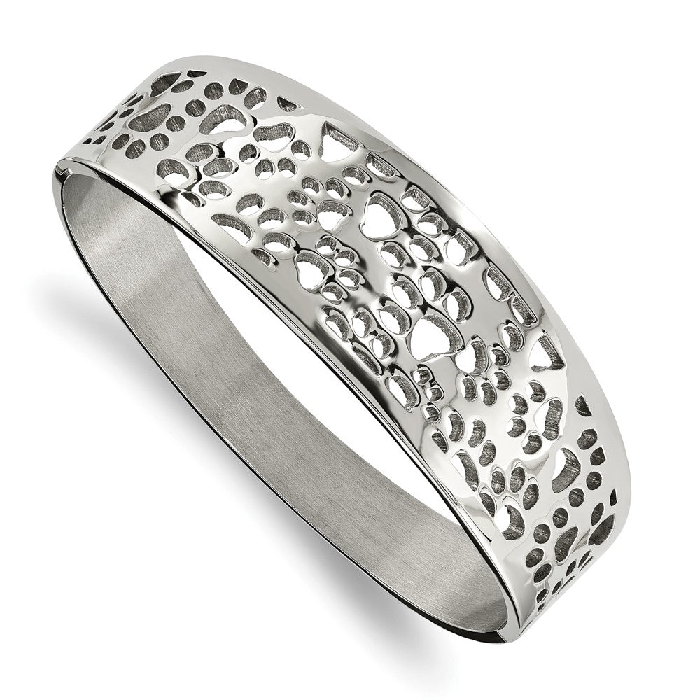 Stainless Steel Polished Paw Print Cut-out Hinged Bangle