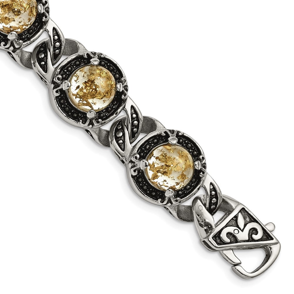 Stainless Steel Antiqued and Polished w/Gold Tin Epoxy Resin 9in Bracelet 9 inches