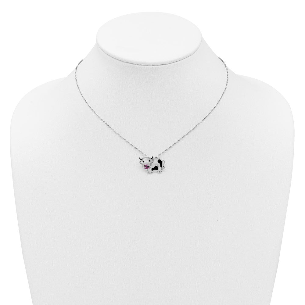 Cheryl M Sterling Silver Rhodium-plated Polished and Enameled Black and White CZ Cow 16 Inch with 2 Inch Extension Necklace