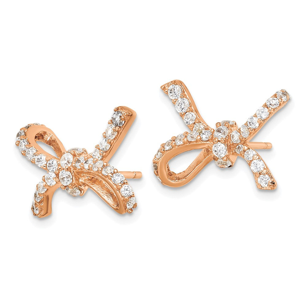 Sterling Silver CZ Rose Gold-Plated Dangle Bow Post Earrings