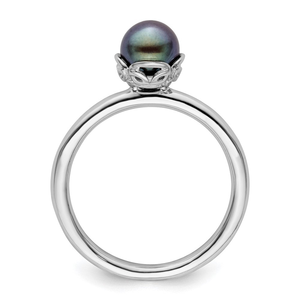 Sterling Silver Stack Exp. Polished Black FW Cultured Pearl Ring Size -9