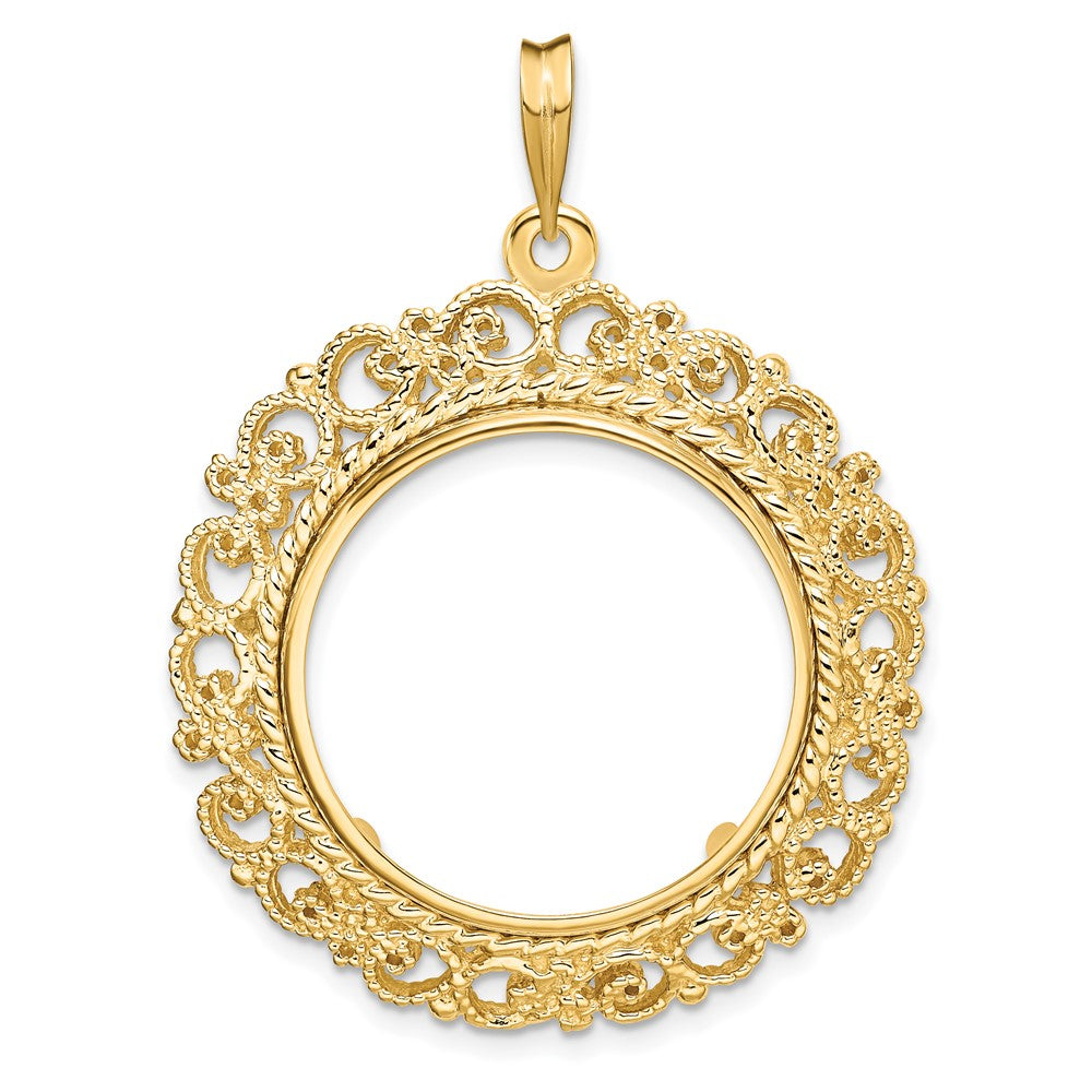 Wideband Distinguished Coin Jewelry 14k Polished and Textured Victorian 21.6mm Prong Coin Bezel Pendant