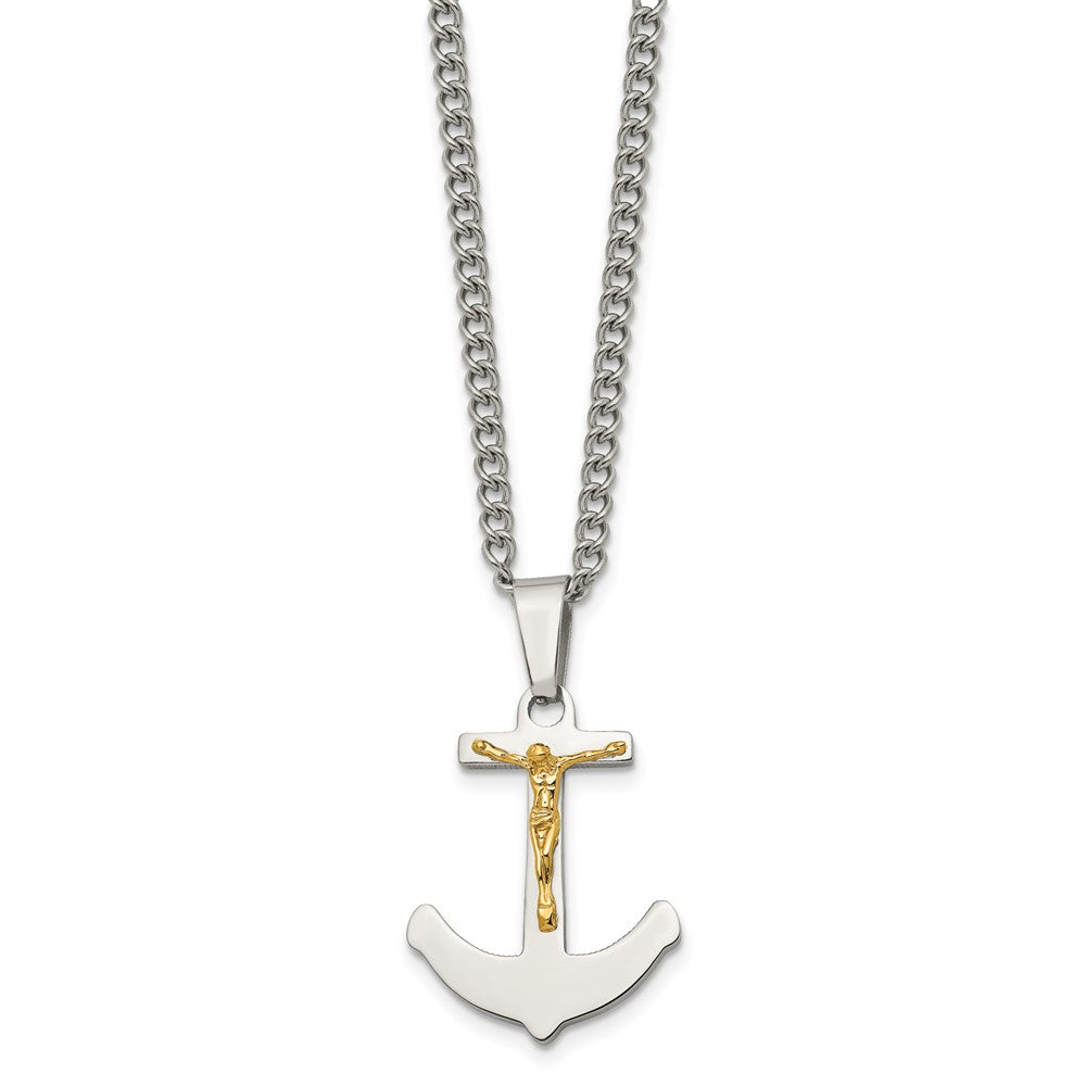 Stainless Steel Polished w/14k Gold Crucifix Anchor 24in Necklace