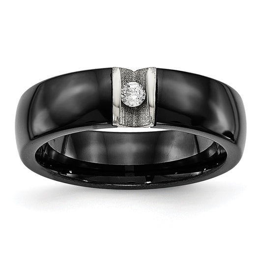 Stainless Steel Polished & Laser Cut Black Ceramic CZ Ring Size - 10