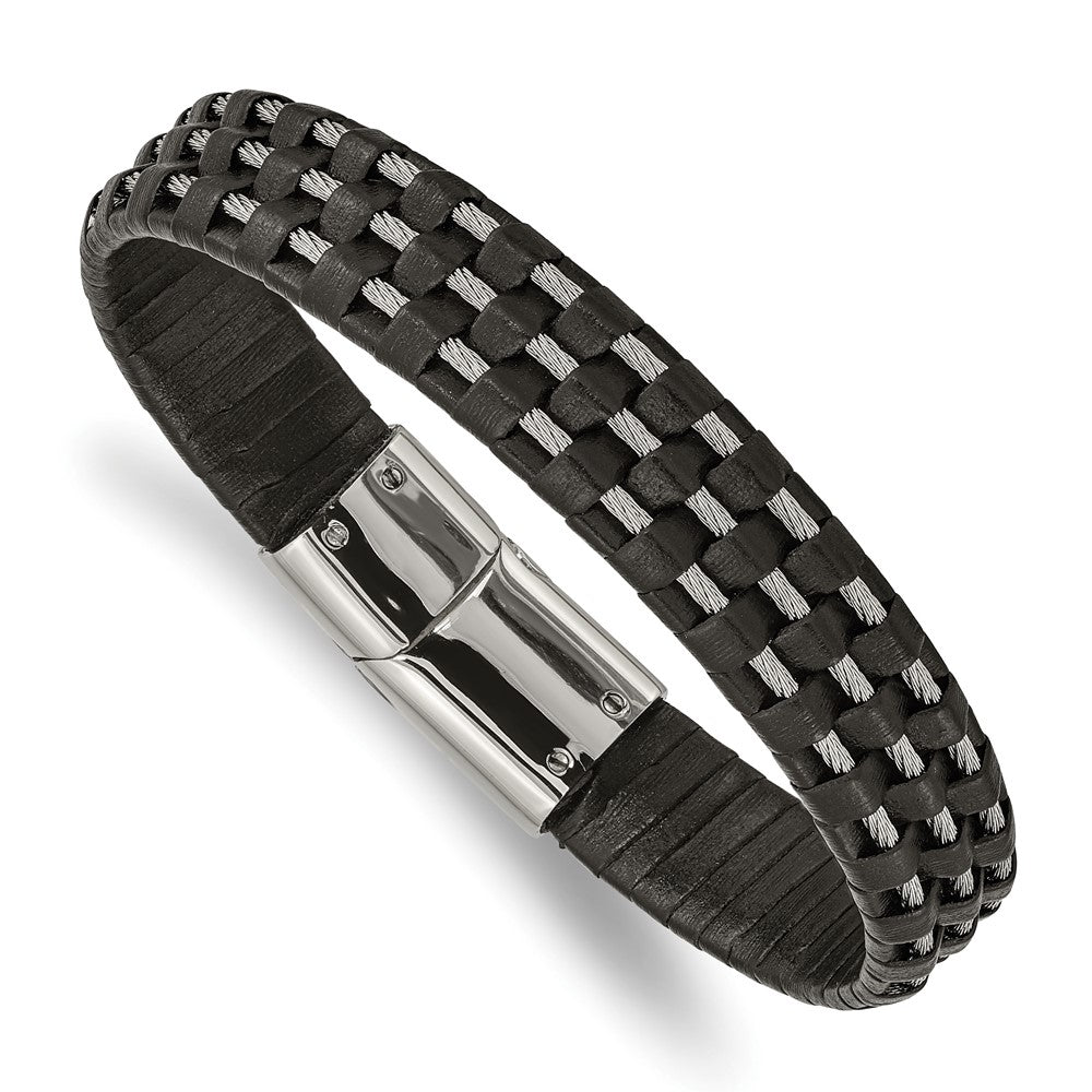 Stainless Steel Polished Black Leather and Wire 8.5in Bracelet 8.5 inches