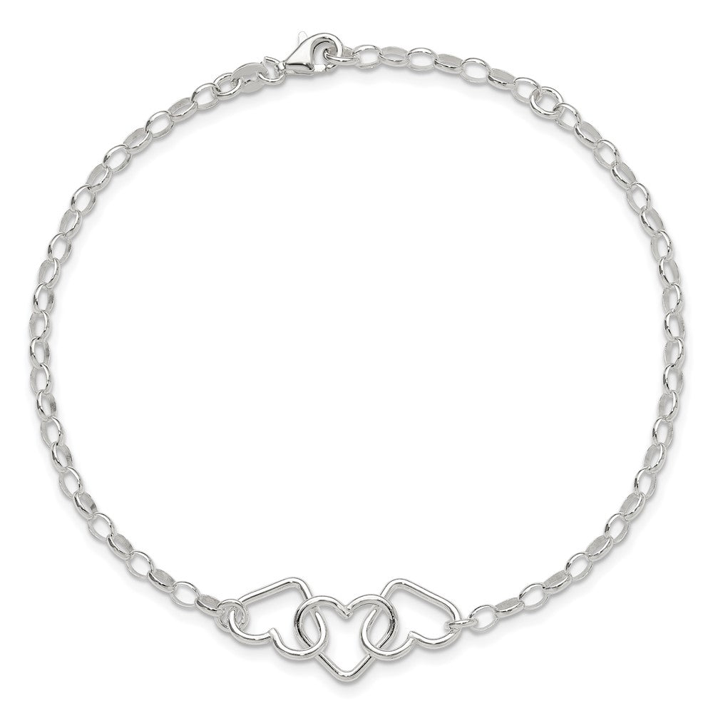 Sterling Silver 8 in Plus 1in Ext Interlocking Hearts Rolo Chain Anklet 9 inches