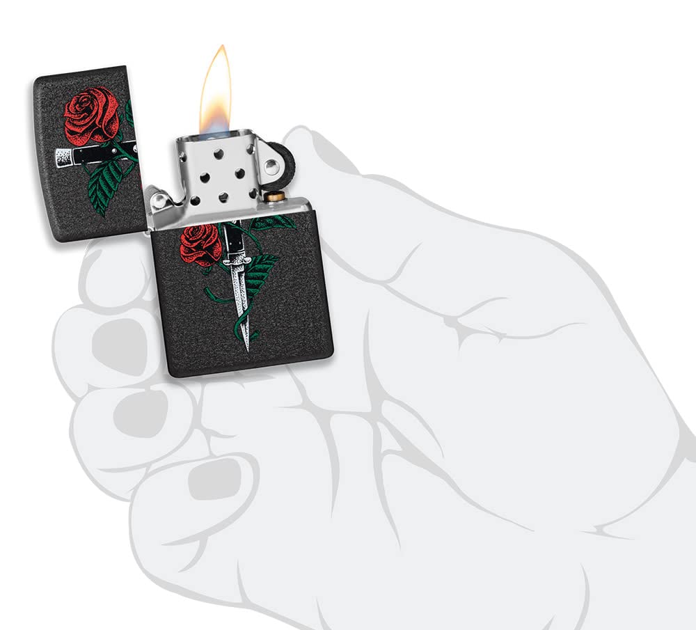 Zippo Rose Dagger Tattoo Design Black Crackle Pocket Lighter