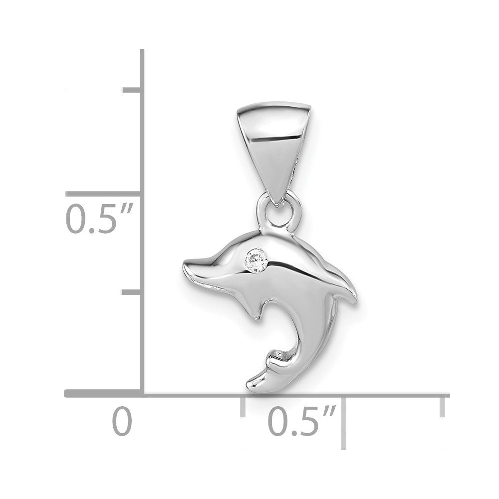 Sterling Silver RH-plated Polished CZ Dolphin Pendant