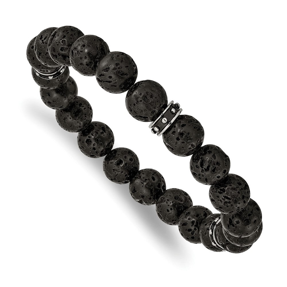Stainless Steel Polished Black Enamel Lava Stone Beads Stretch Bracelet 7.25 inches
