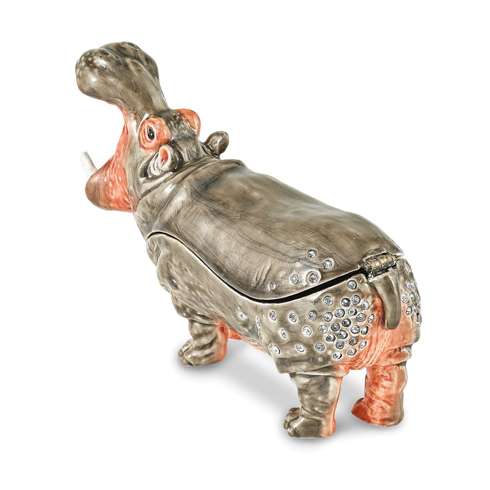 Luxury Giftware by Jere Pewter Bejeweled Crystals Silver-tone Enameled HENRY Hippo Trinket Box with Matching 18 Inch Necklace