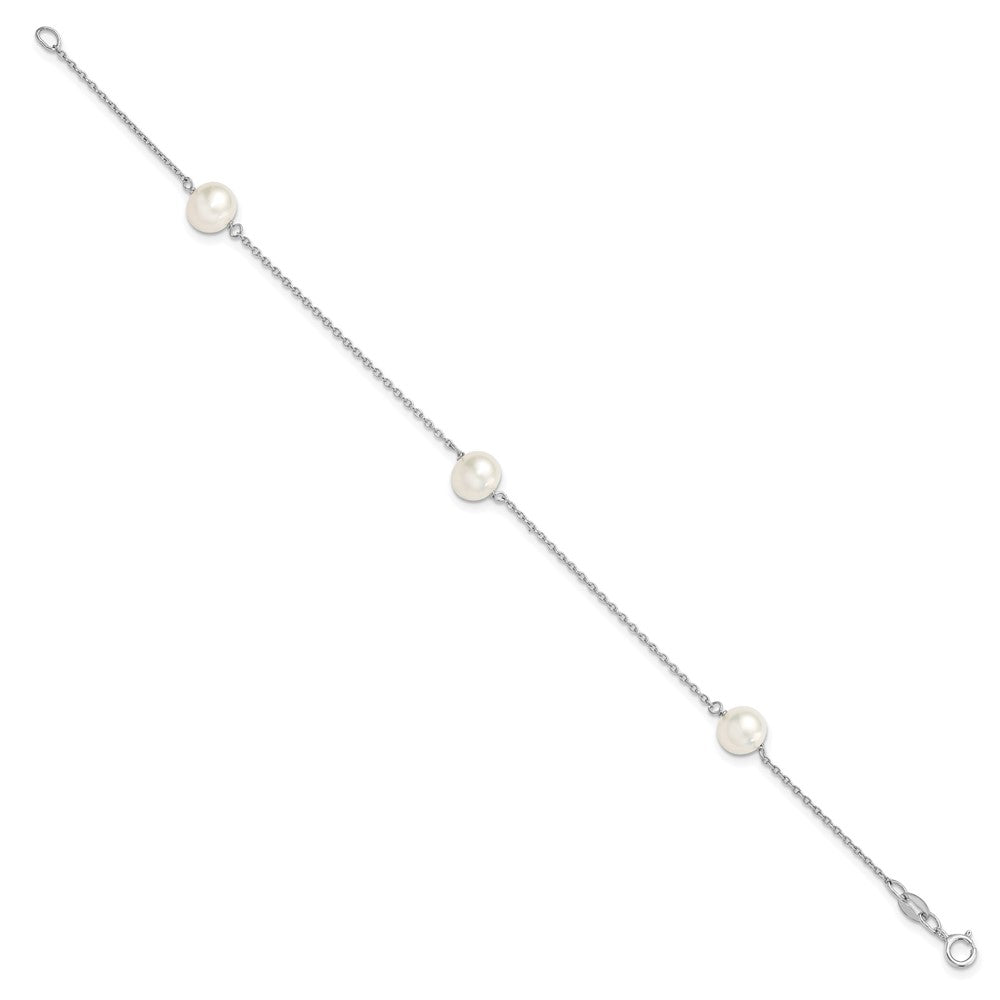 Sterling Silver Rhodium-plated 7-8mm White Semi-Round Freshwater Cultured Pearl 3-Station 7.5 inch Bracelet 7.5 inches