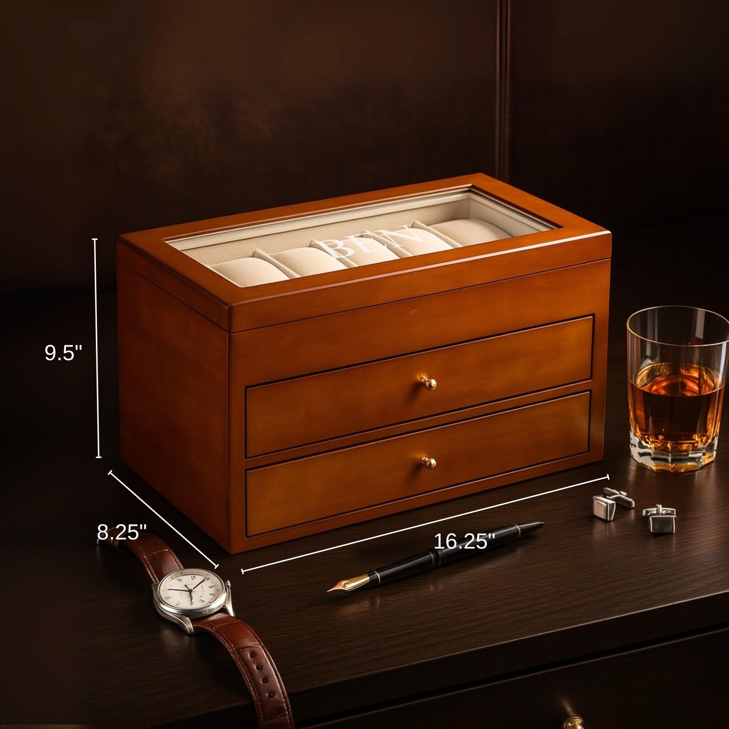 Bey-Berk International BB686BRW Cherry Wood 36 Watch Box - Brown