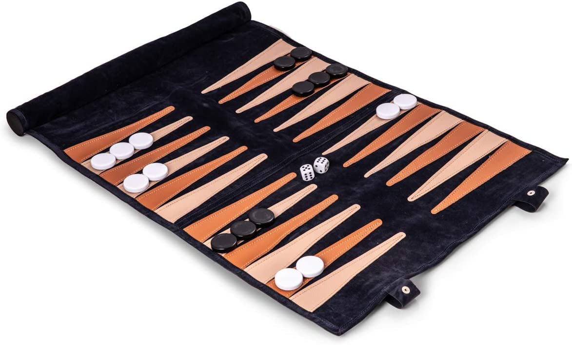 Navy Suede Roll-Up Backgammon Travel Set w/ Playing Pieces
