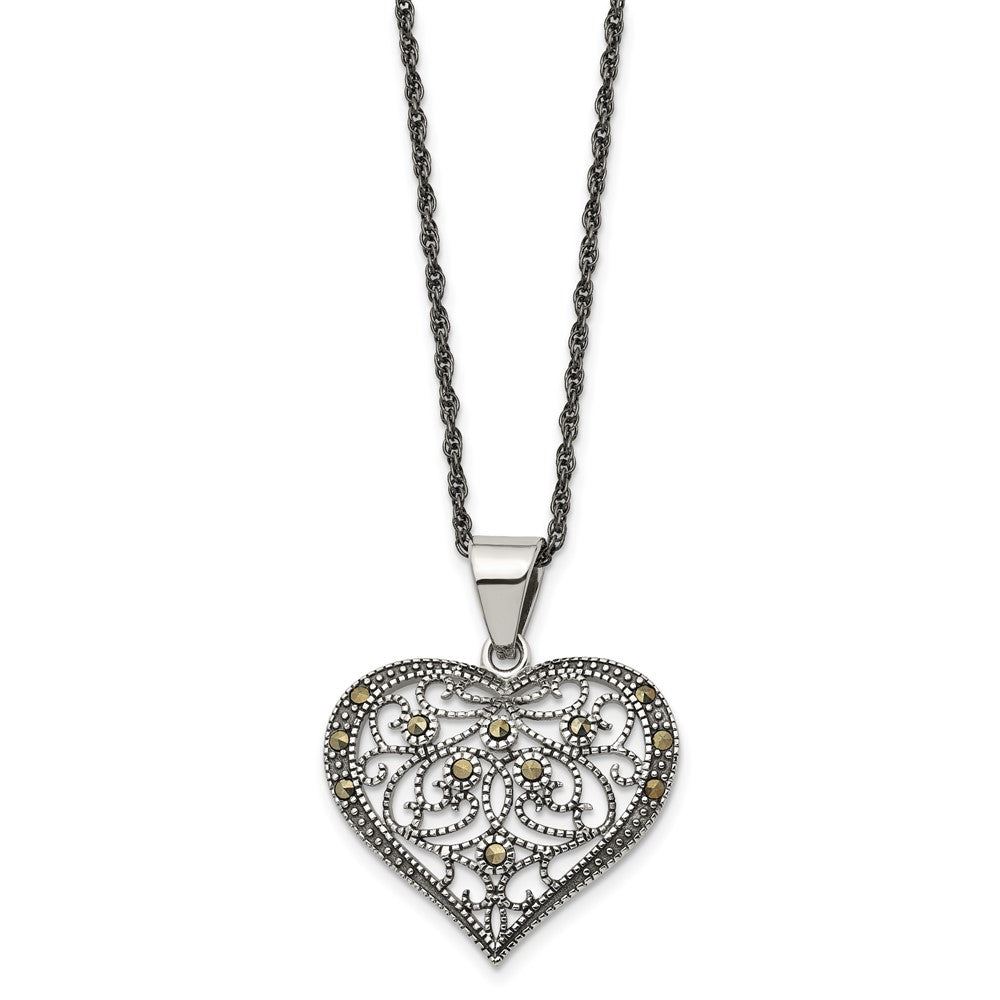 Stainless Steel Antiqued and Polished w/Marcasite Heart 20in Necklace