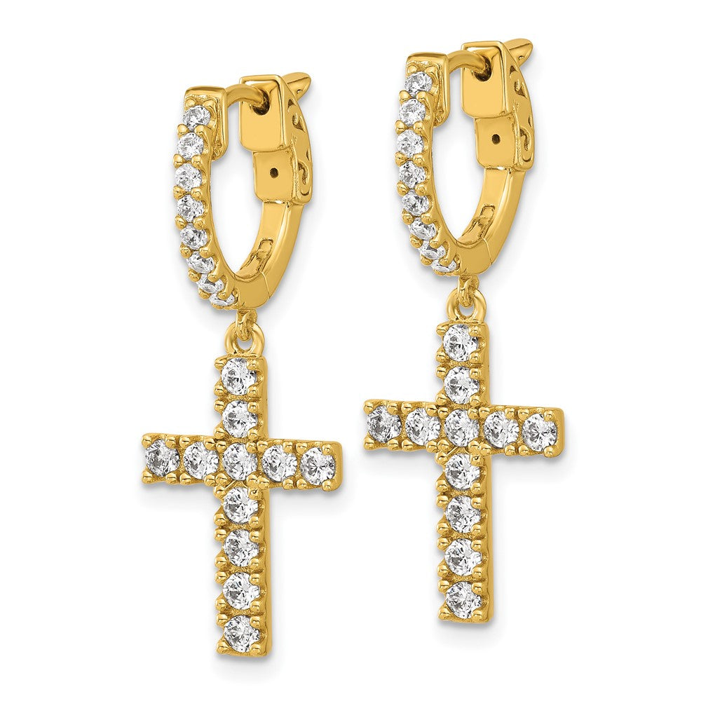 Sterling Shimmer Sterling Silver Gold-tone Flash Gold-plated CZ 38 Stone Cross Hinged Hoop Earrings
