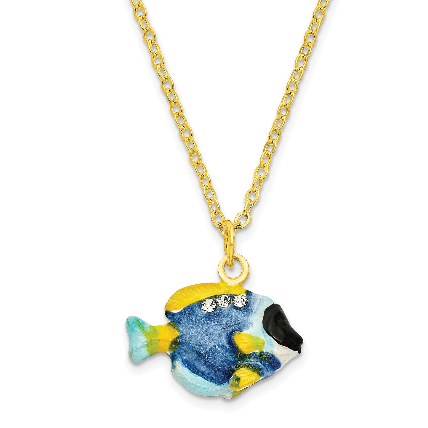 Luxury Giftware by Jere Pewter Bejeweled Crystals Gold-tone Enameled BLAKE Blue Tang Fish Trinket Box with Matching 18 Inch Necklace QBJ3058