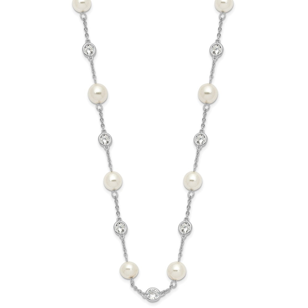 Cheryl M Sterling Silver Rhodium-plated Glass Pearl and Brilliant-cut CZ Bezel Station 36 Inch Necklace 36 Inches