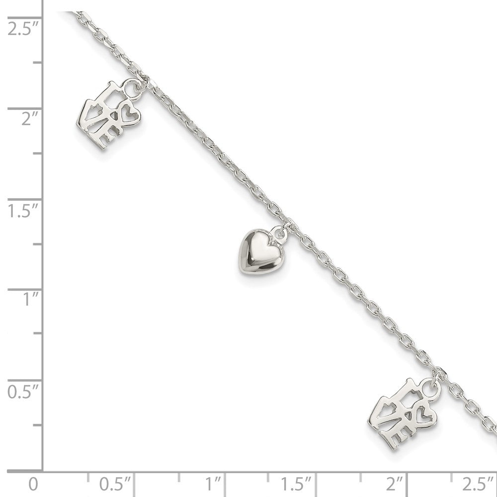 Sterling Silver Heart and LOVE Charm Bracelet 7.5 inches