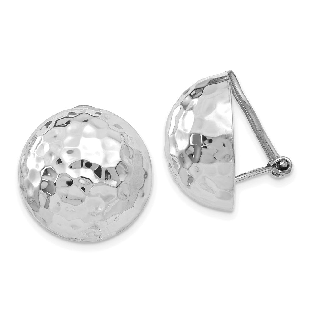 14K White Gold 18mm Hammered Half Ball Omega Back Non-Pierced Earrings