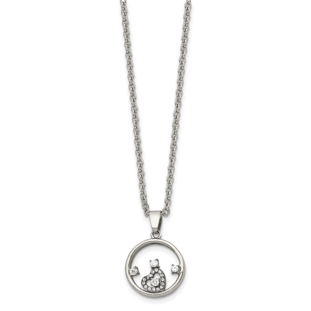 Stainless Steel Polished Circle with Heart CZ 18in Necklace