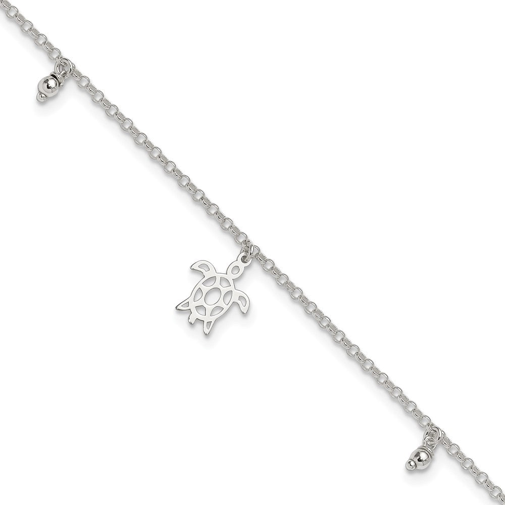 Sterling Silver Turtle Dangle Beads 9in Plus 1in Ext. Anklet 9 inches