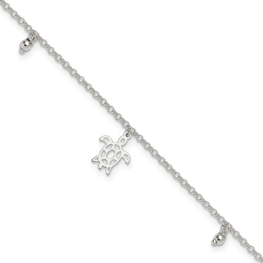 Sterling Silver Turtle Dangle Beads 9in Plus 1in Ext. Anklet 9 inches