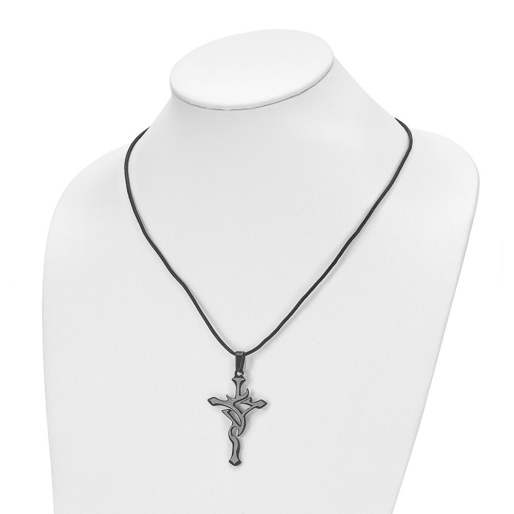 Stainless Steel Brushed & Polished Black IP Cross 18in Leather Necklace