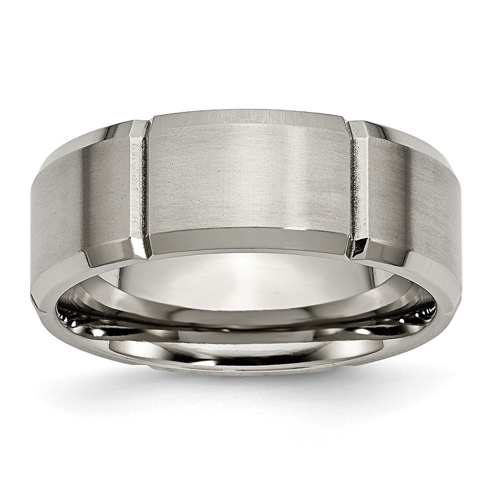 Titanium Brushed and Polished 8mm Grooved Beveled Edge Band Size - 10.5